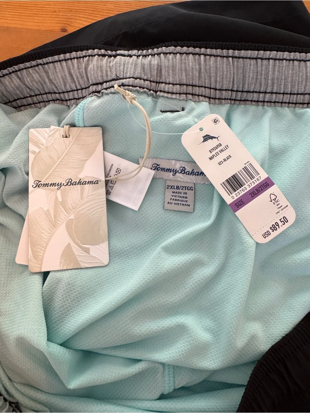 Tommy Bahama Black Swim Trunks with Gray Drawstring and Blue Logo NWT